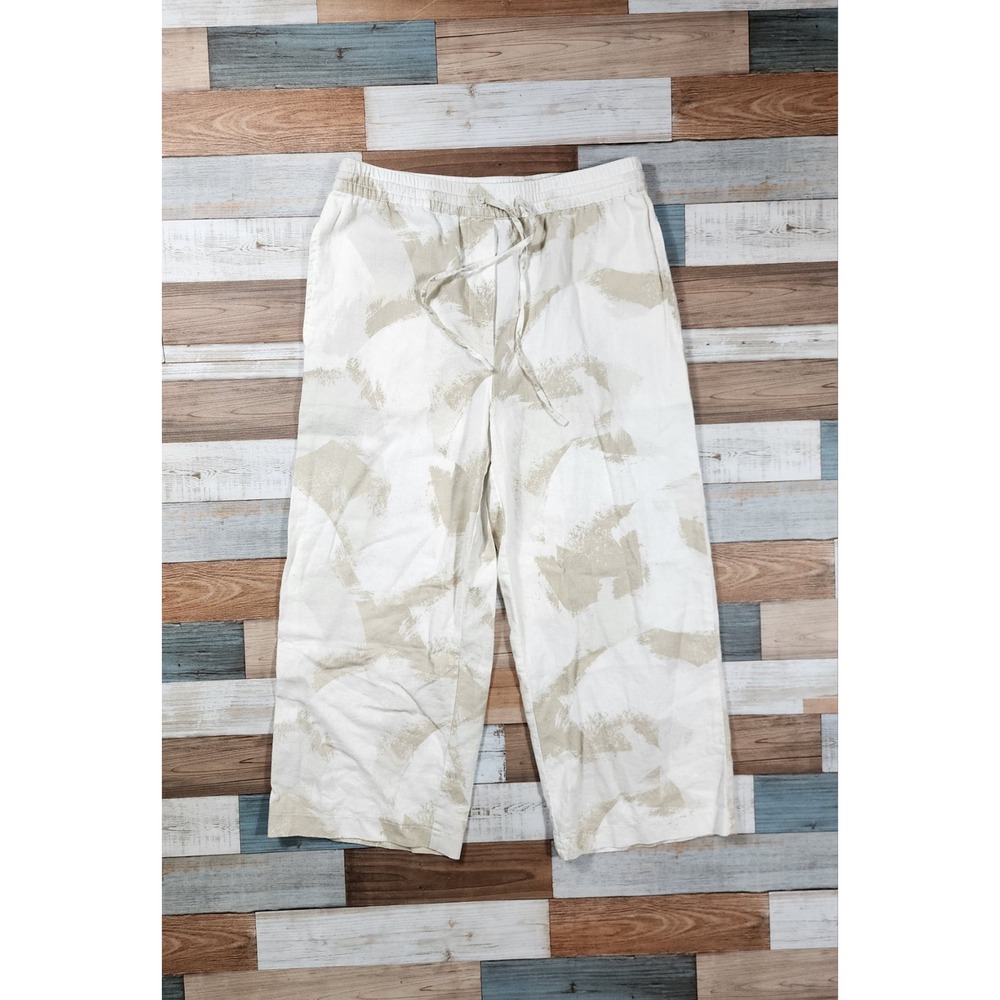 DKNY Pure Linen Blend Wide Leg Cropped Pants Cream Tan Abstract Print Small